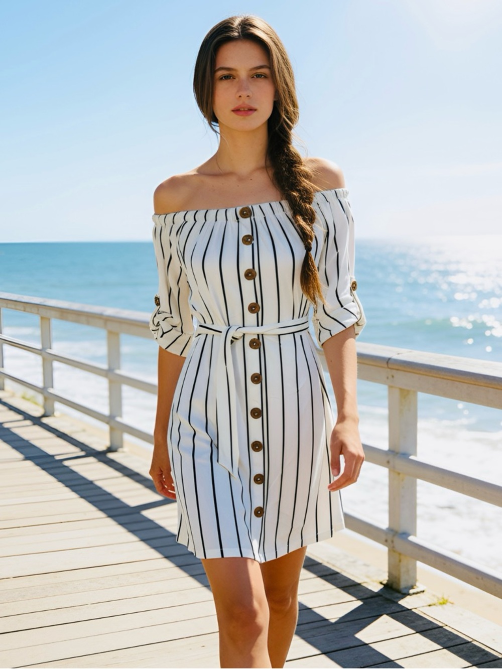 J for Justify Off-Shoulder White Dress with Navy Stripes - Medium, New